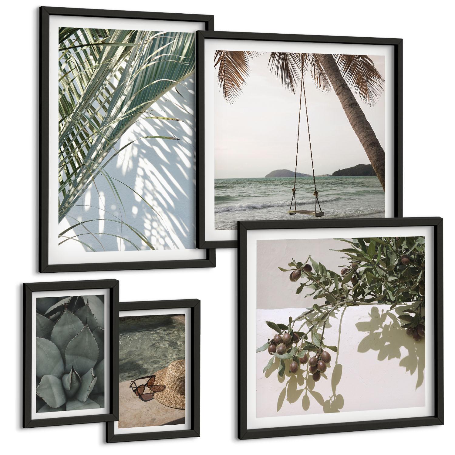 BILDER SET 5er Set - 50x50 cm & 20x30 cm & 40x60 cm Schwarzer Rahmen - Tropische Pflanzen für den Urlaub - Schwarz, Kunststoff (40/60cm) - TULUP