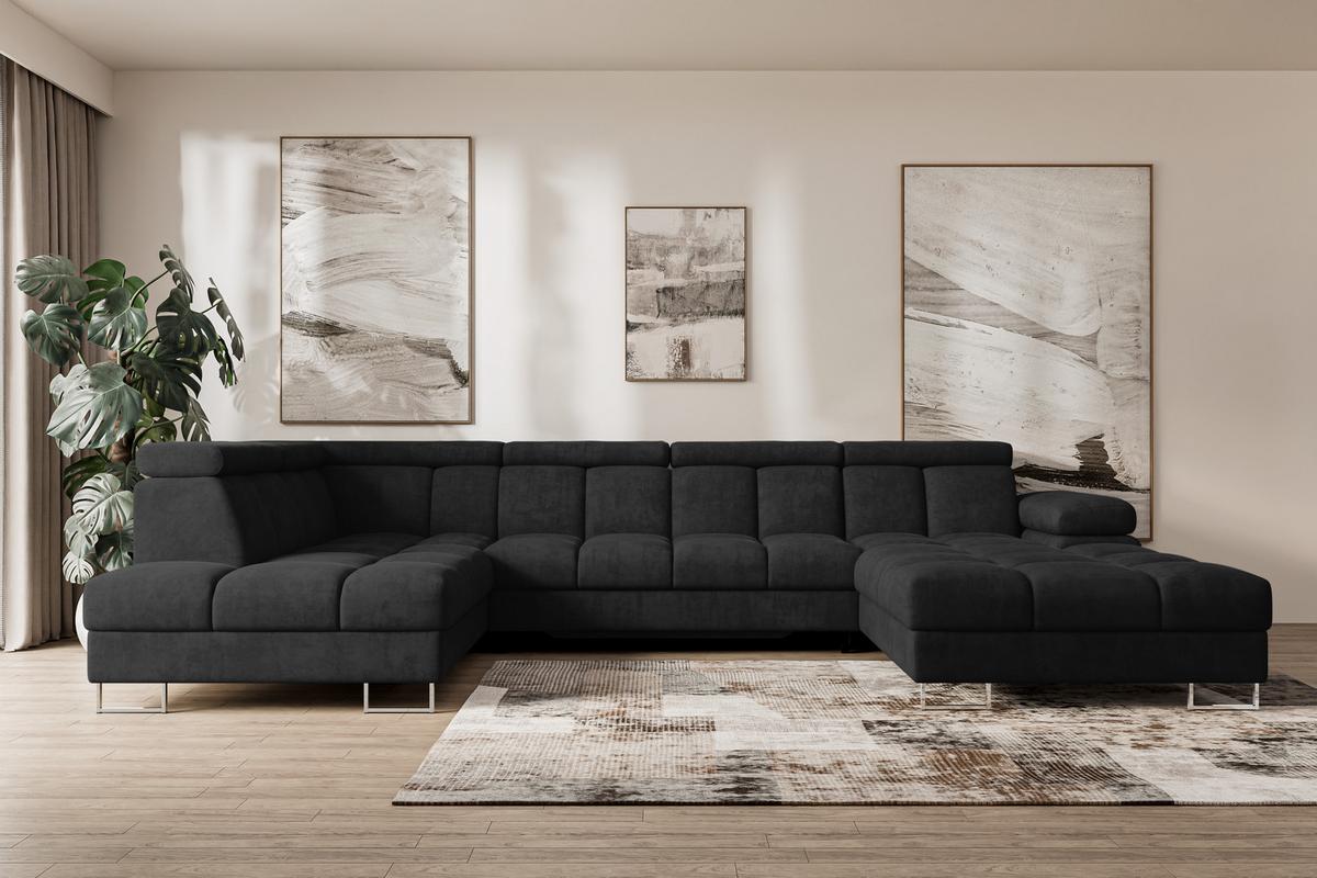 WOHNLANDSCHAFT mit Schlaffunktion und Bettkasten Ottomane Links COMA U 345x203x79 Schwarz Velours - Schwarz, Holzwerkstoff/Textil (345/79/203cm) - ALTDECOR