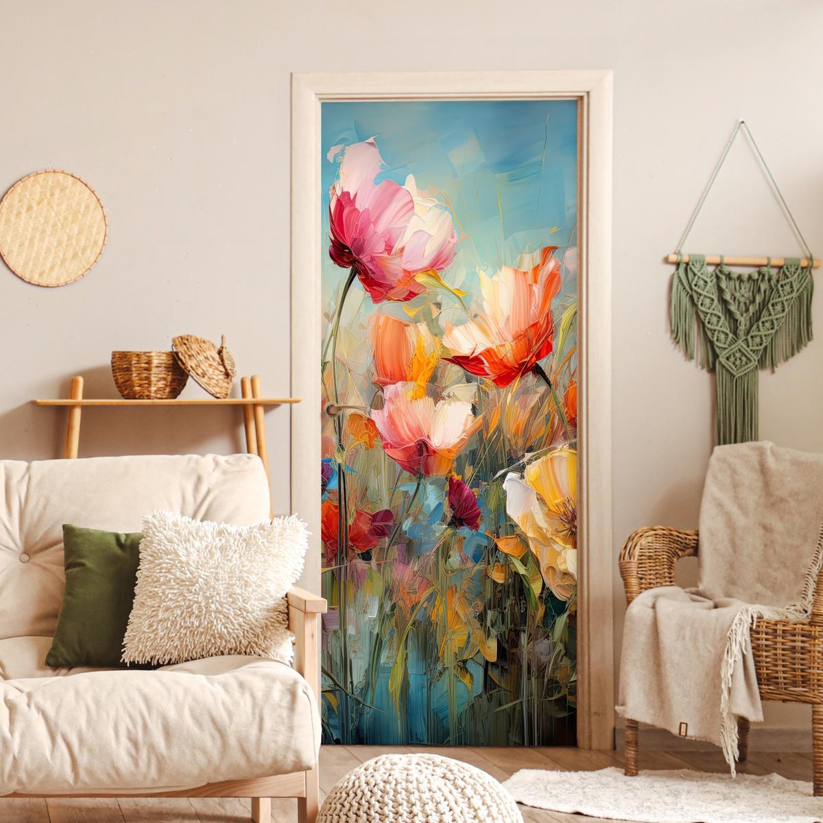 TÜRAUFKLEBER Selbstklebend - Blumen - Aquarell - Kunst - Botanisch - Natur 85x205 cm - Türtapete - Orange, Kunststoff (85/205cm) - MuchoWow