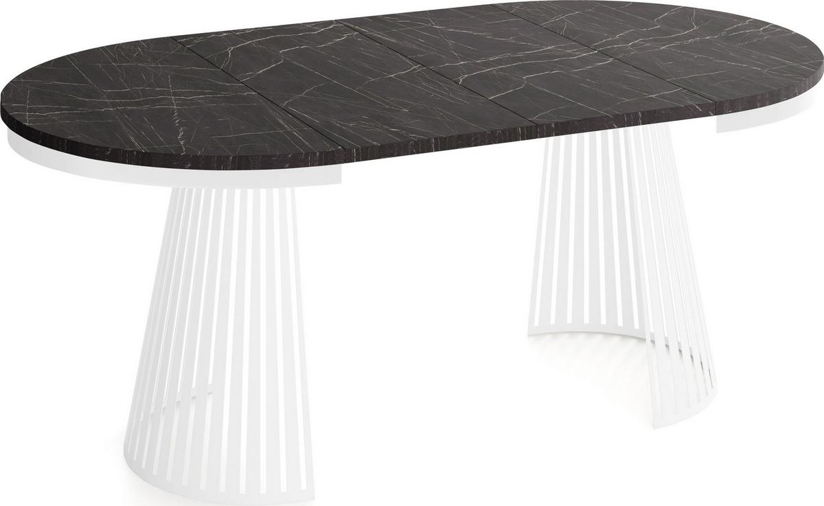 ESSTISCH Naro rund ausziehbar mit Weißem Lamellen-Metallgestell, Marmor Schwarz 120-200/120/76 cm - Anthrazit/Weiß, Holzwerkstoff/Metall (120/196/76cm) - WFL GROUP