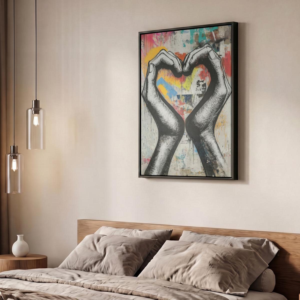 LEINWAND Bilder mit Rahmen - Hände - Herz - Straßenkunst - Graffiti - 50x70 - Multicolor, Textil (50/70cm) - MuchoWow