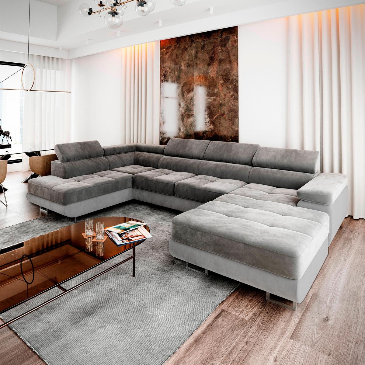 WOHNLANDSCHAFT CASONE L-S Grau Velours-Stoff mit Schlaffunktion - Silberfarben/Grau, Holz/Textil (345/90/202cm) - MASSENO