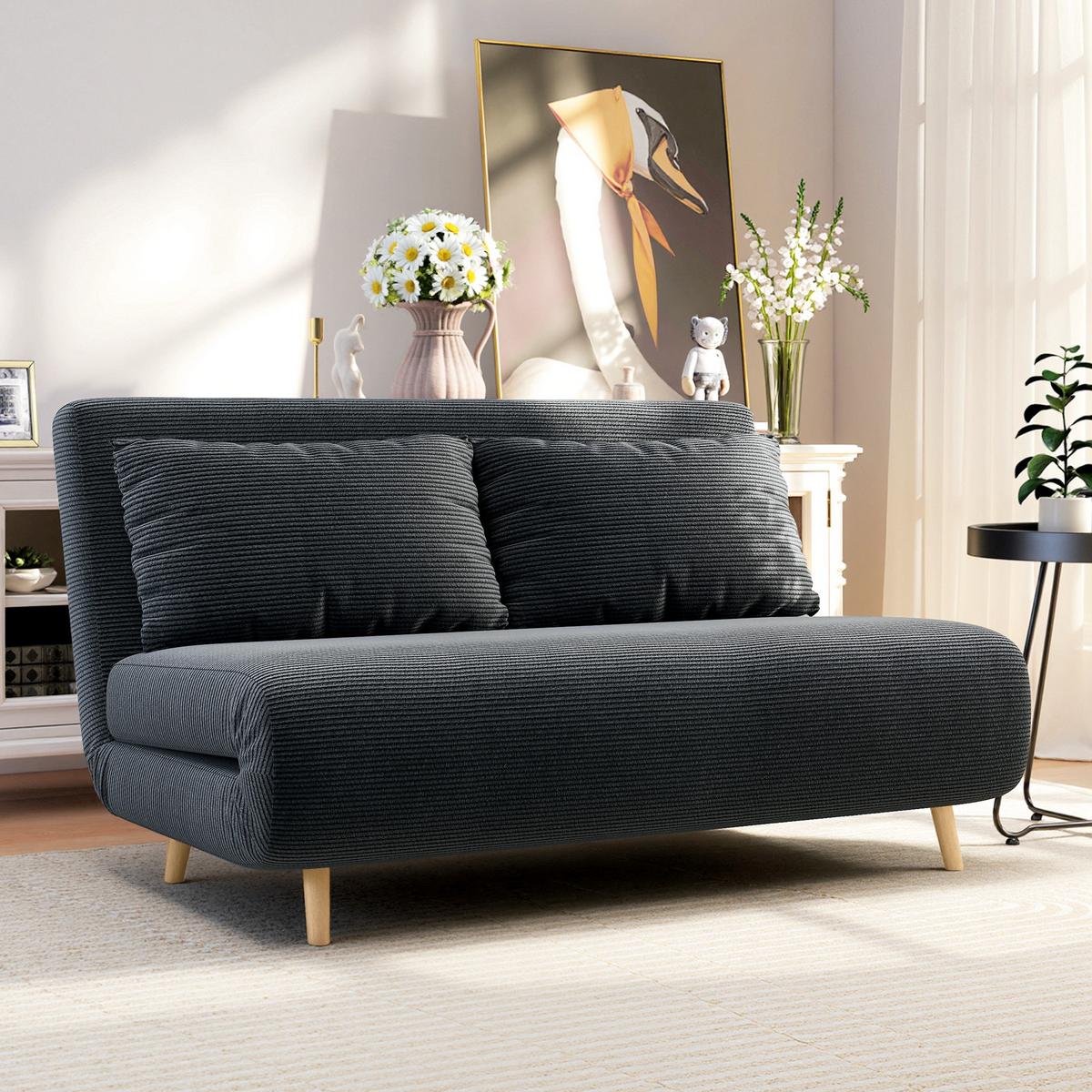 SCHLAFSOFA Polyester Buchenholz Dunkelgrau - Dunkelgrau/Buchefarben, Buchenholz/Textil (90/81/141cm) - HOMCOM