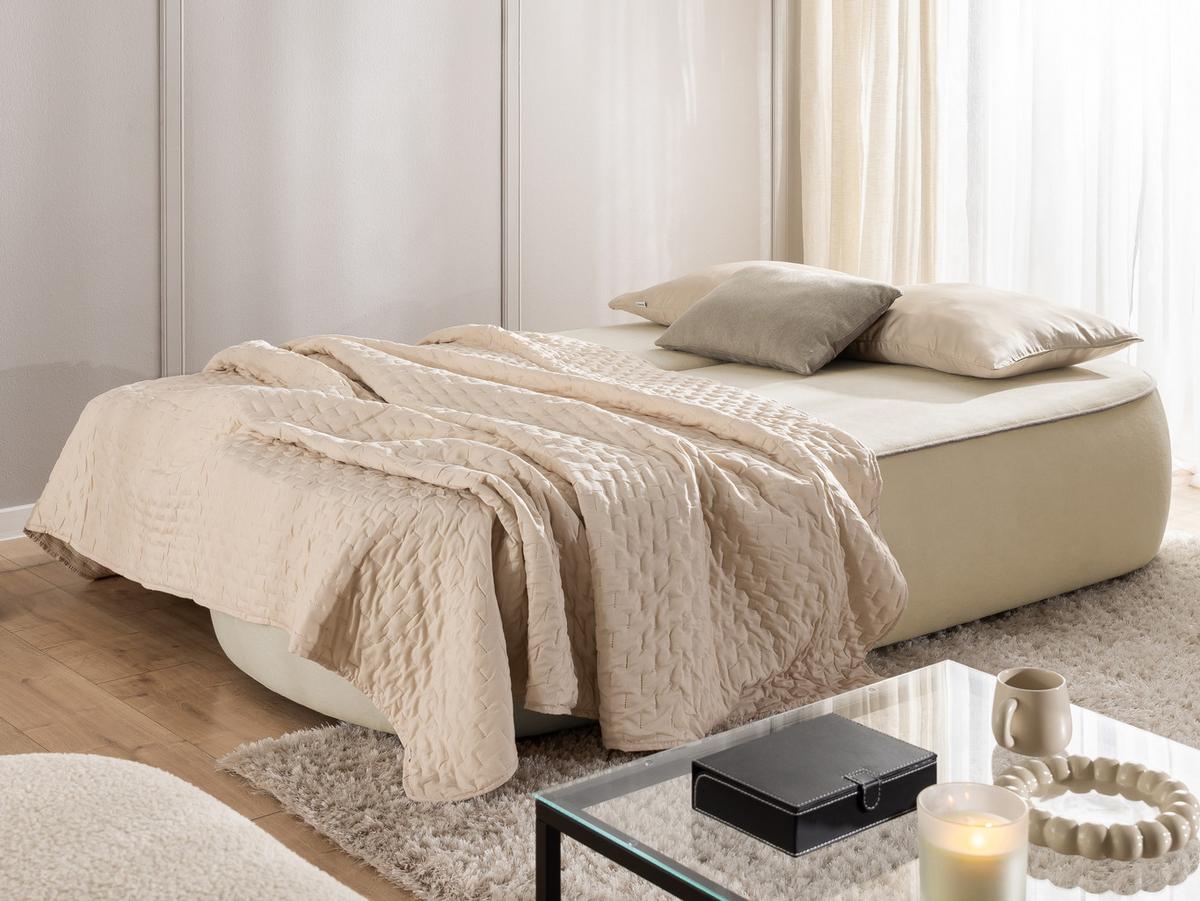 KINDERSOFA Vero im modernen und abgerundeten Design mit Schlaffunktion und Bettkasten aus Beige Plüschstoff mit tauper Paspel - Beige/Schwarz, Holz/Kunststoff (210/90/98cm) - S-Style Möbel
