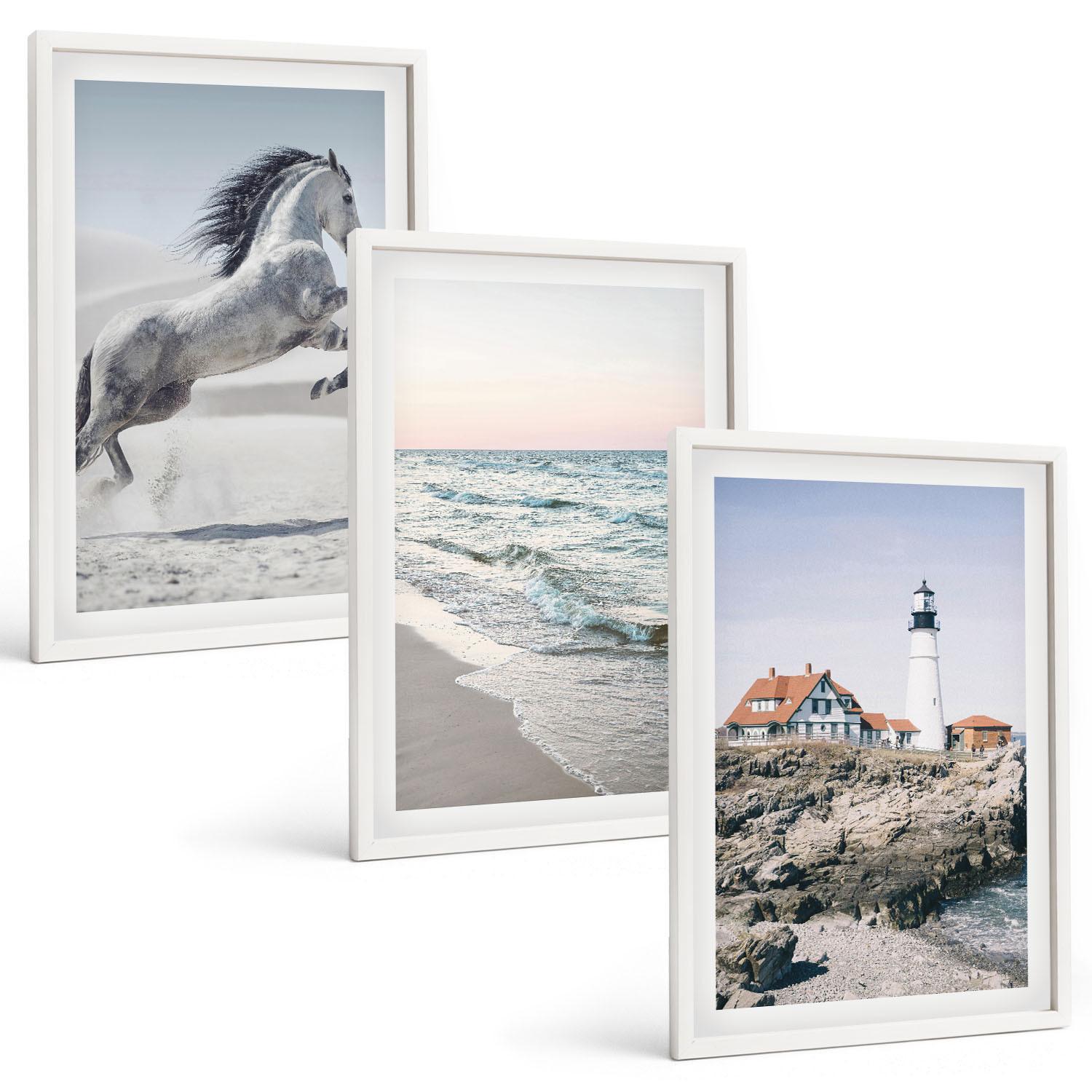 BILDER SET 3er Set - 40x60 cm Weißer Rahmen - Pferde, Strand, Leuchtturm, Wellen - Weiß, Kunststoff (40/60cm) - TULUP