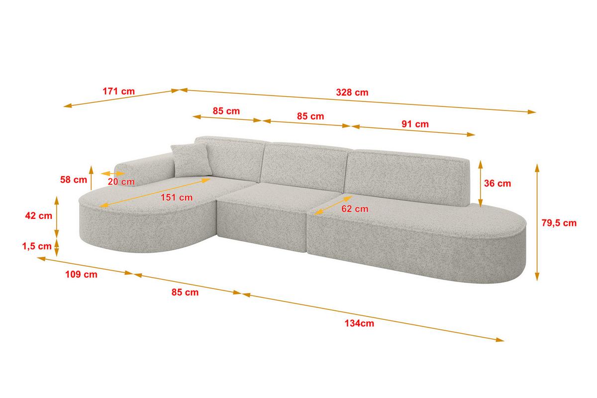 ECKSOFA Ottomane Links MARI-L2 - 328x171x79 cm Hellgrau Tissu - Hellgrau/Schwarz, Holzwerkstoff/Kunststoff (328/171cm) - ALTDECOR