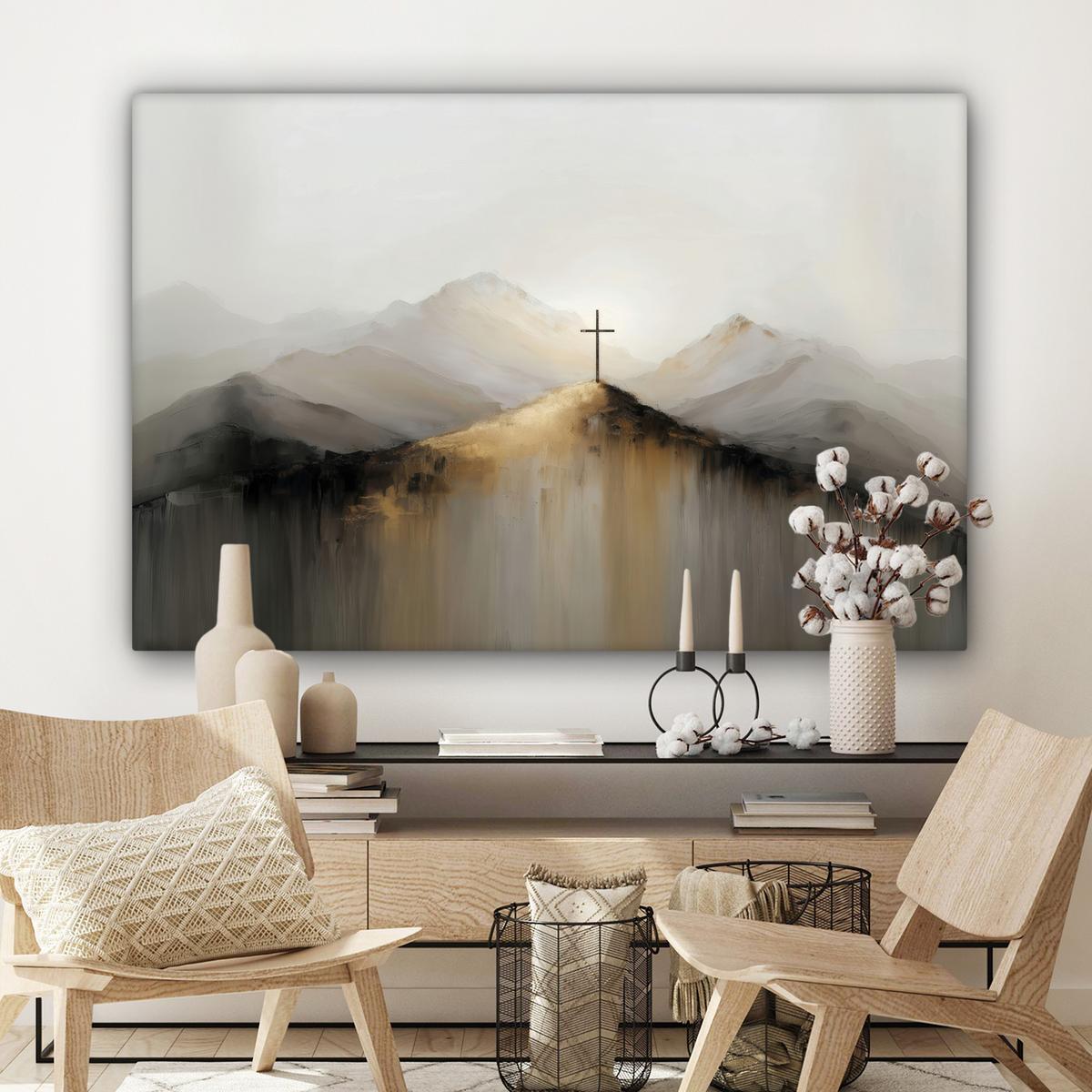 LEINWANDBILD Hügel - Abstrakt - Kreuz - Christentum Wohnzimmer Groß 120x80 cm - Beige, Textil (120/80cm) - MuchoWow