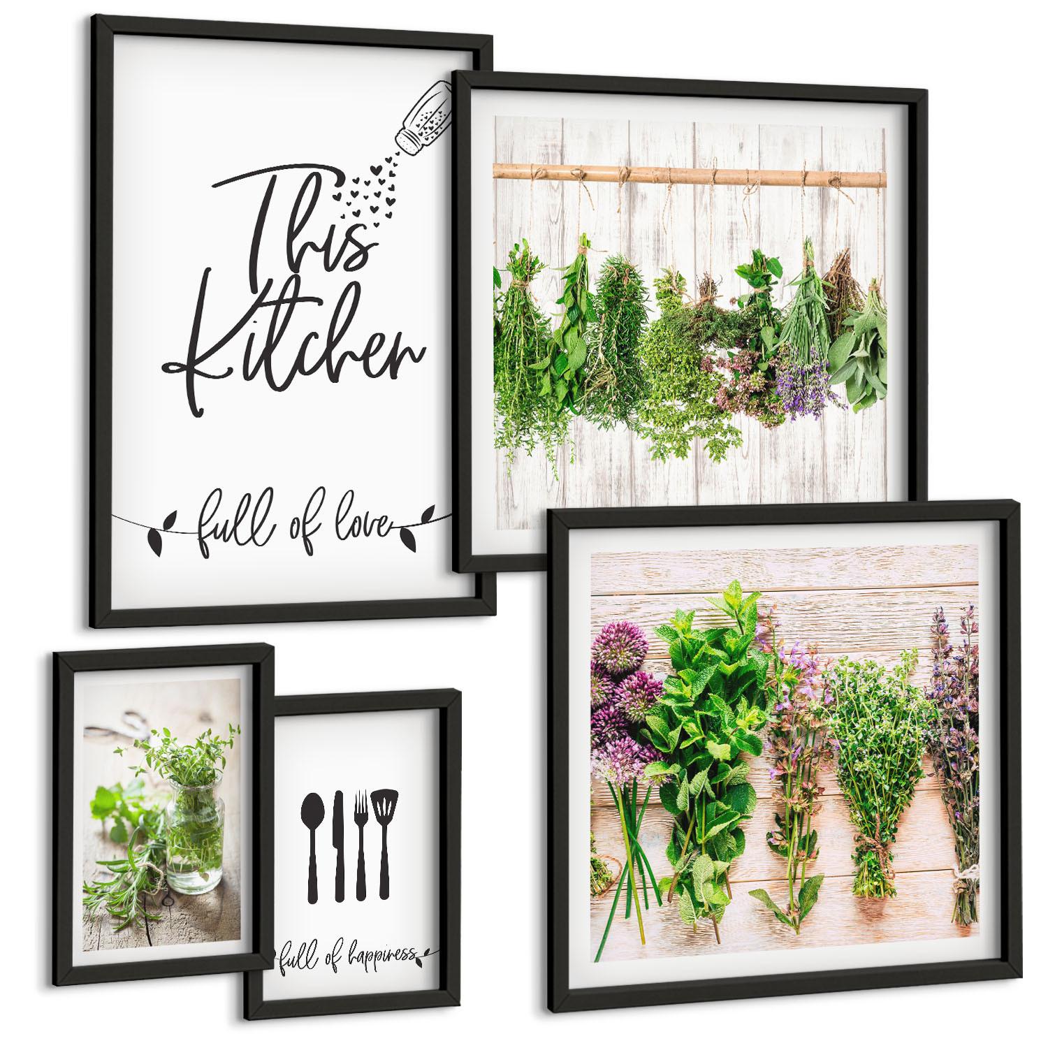 BILDER SET 5er Set - 50x50 cm & 20x30 cm & 40x60 cm Schwarzer Rahmen - Küchenthema: Getrocknete Kräuter - Schwarz, Kunststoff (40/60cm) - TULUP