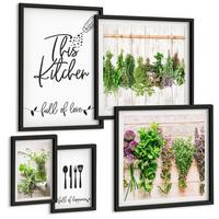 BILDER SET 5er Set - 50x50 cm & 20x30 cm & 40x60 cm Schwarzer Rahmen - Küchenthema: Getrocknete Kräuter - Schwarz, Kunststoff (40/60cm) - TULUP