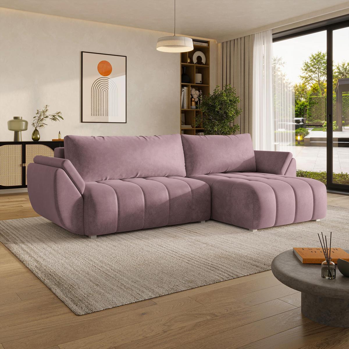 ECKSOFA OLSI Lila Velours-Stoff mit Schlaffunktion - Lila, Holz (285/148cm) - MASSENO