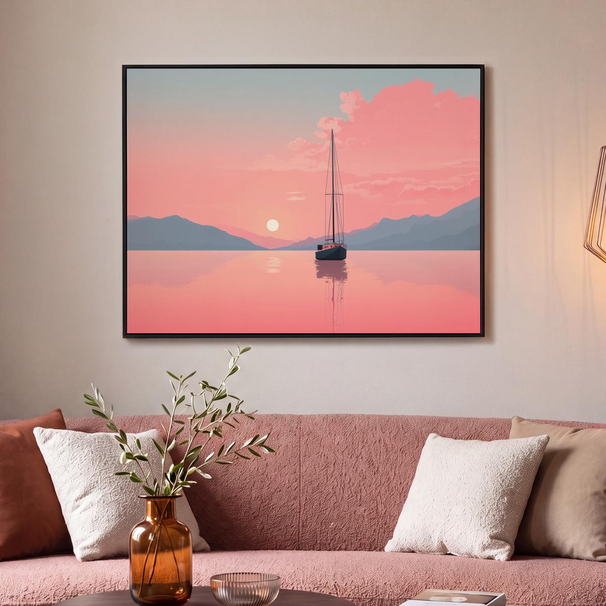 LEINWAND Bilder mit Rahmen - Segelboot - Rosa Meer - Sonnenuntergang - Berge - 100x70 - Rosa, Textil (100/70cm) - MuchoWow