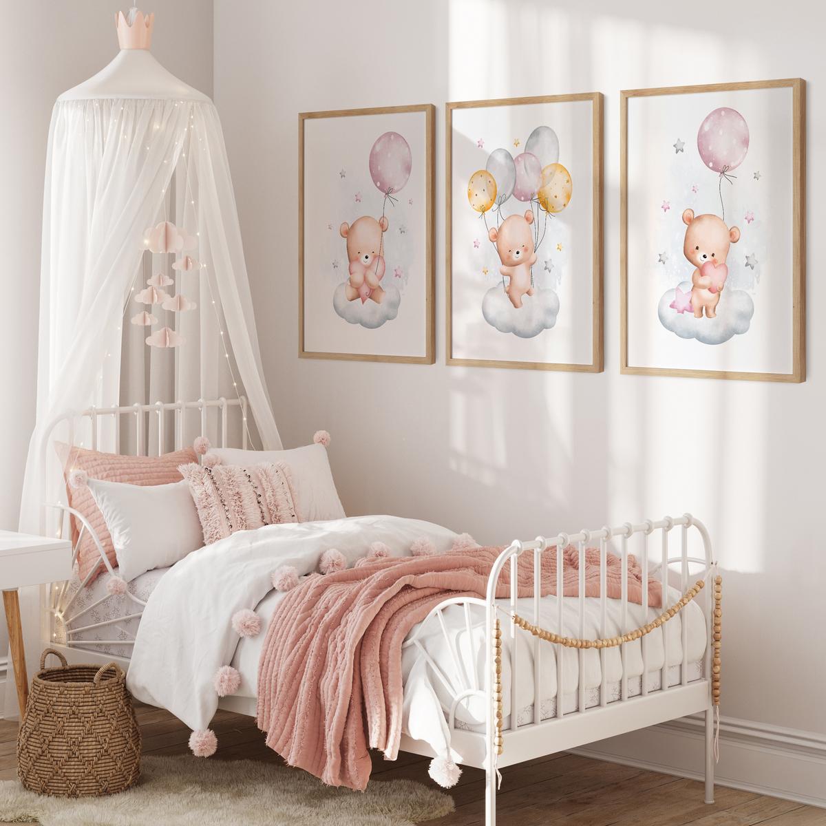 POSTER SET für Kinderzimmer Teddybären Wolken Ballons Sterne 3x Poster A4 21x30cm - Beige/Rosa, Papier (21/30/1cm) - Muralo