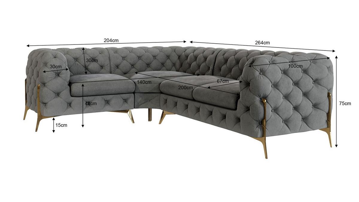 ECKSOFA Chesterfield Lexi Grau Samt, Ottomane links - Goldfarben/Grau, Holz/Textil (264/204cm) - S-Style