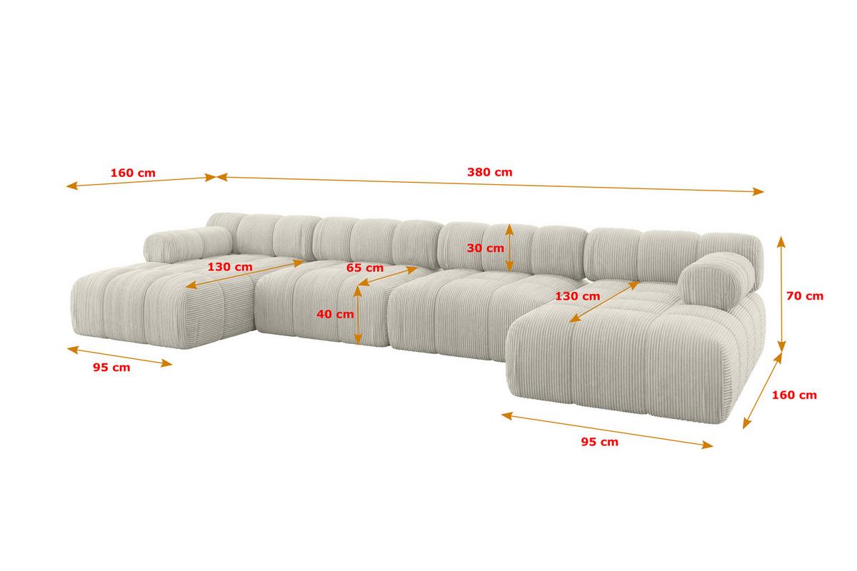 WOHNLANDSCHAFT modulares Sofa Tesso-U2 - 380x160x70 cm Creme Cord - Hellgrau/Creme, Holzwerkstoff/Textil (380/70/160cm) - ALTDECOR