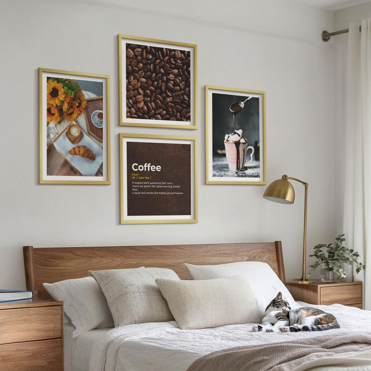 BILDER SET 4er Set - 50x50 cm & 40x60 cm Goldrahmen - Italienische Frühstückskaffeebohnen - Goldfarben, Kunststoff (50/50cm) - TULUP
