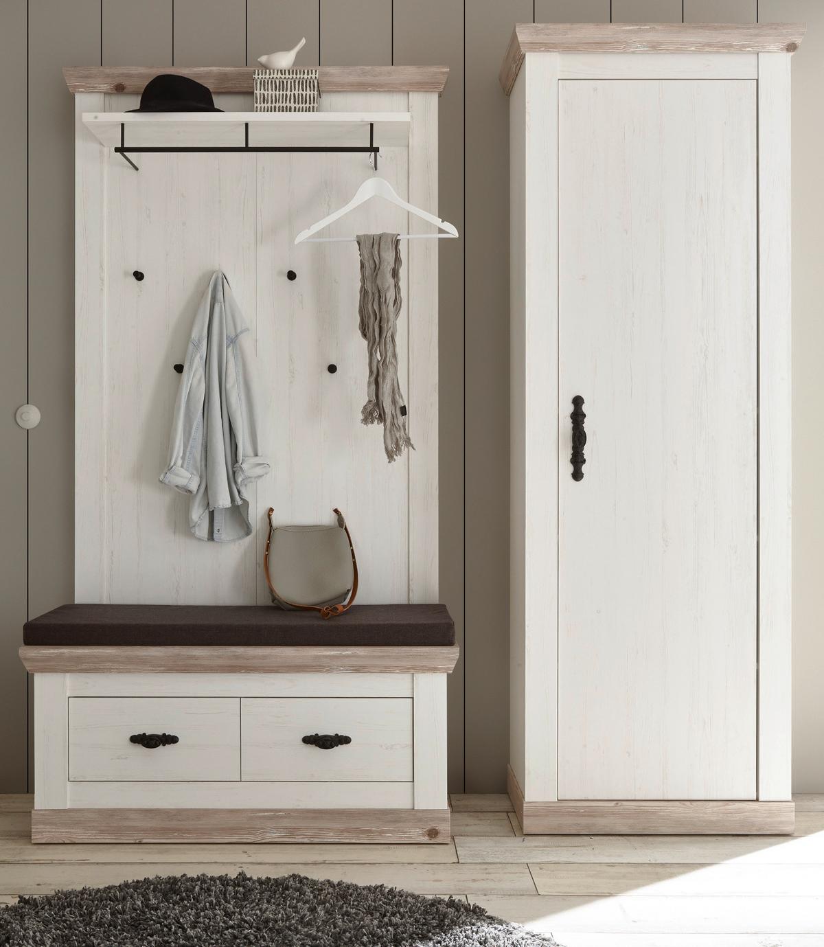 GARDEROBENKOMBINATION Pinie weiß, Oslo Pinie Landhaus, Garderobe Set 3-tlg., 190 x 201 cm - Anthrazit/Weiß, Holzwerkstoff/Metall (190/201/45cm) - Furn.Design