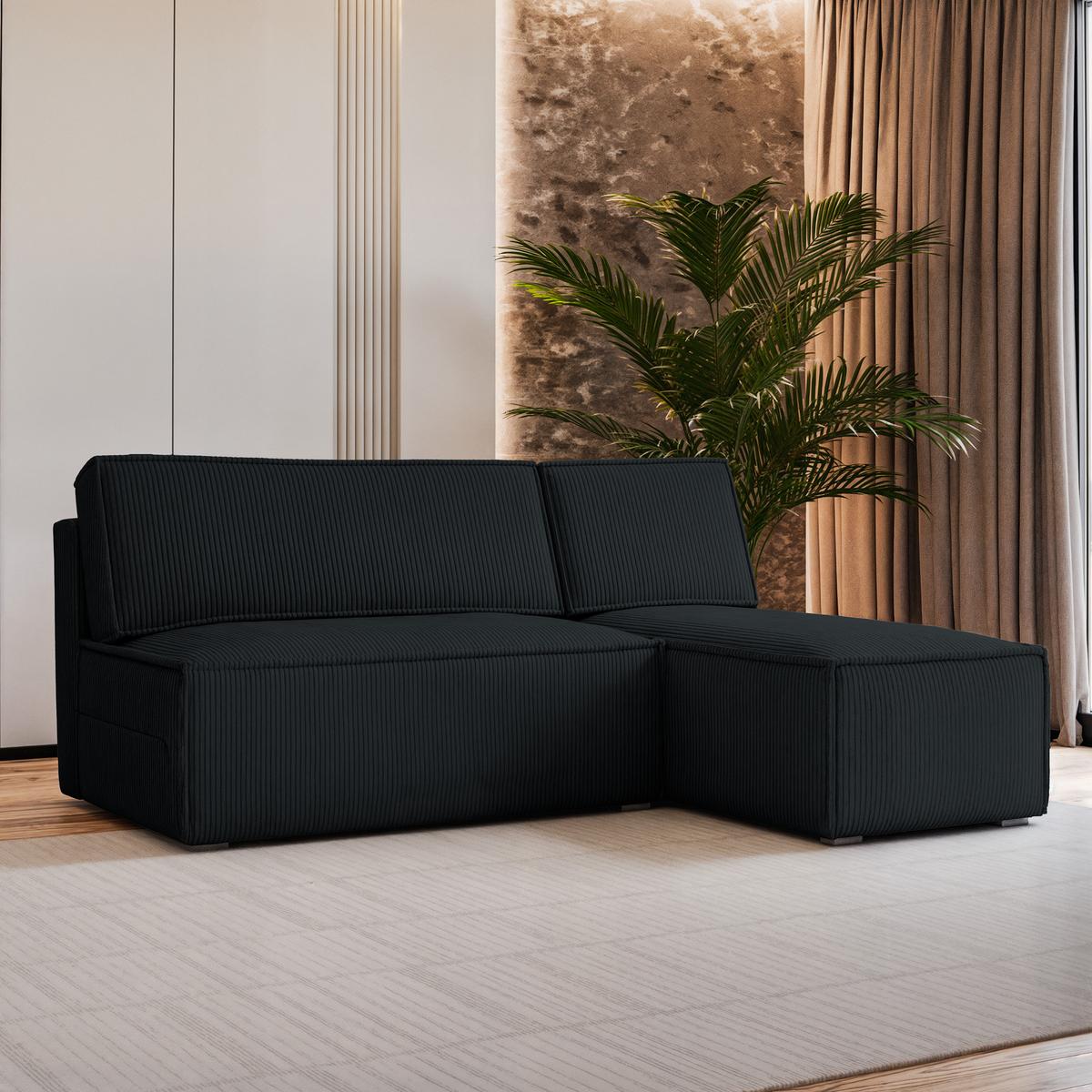 ECKSOFA BRISO P Schwarz Kordstoff mit Schlaffunktion - Schwarz/Grau, Holz/Kunststoff (200/140cm) - MASSENO