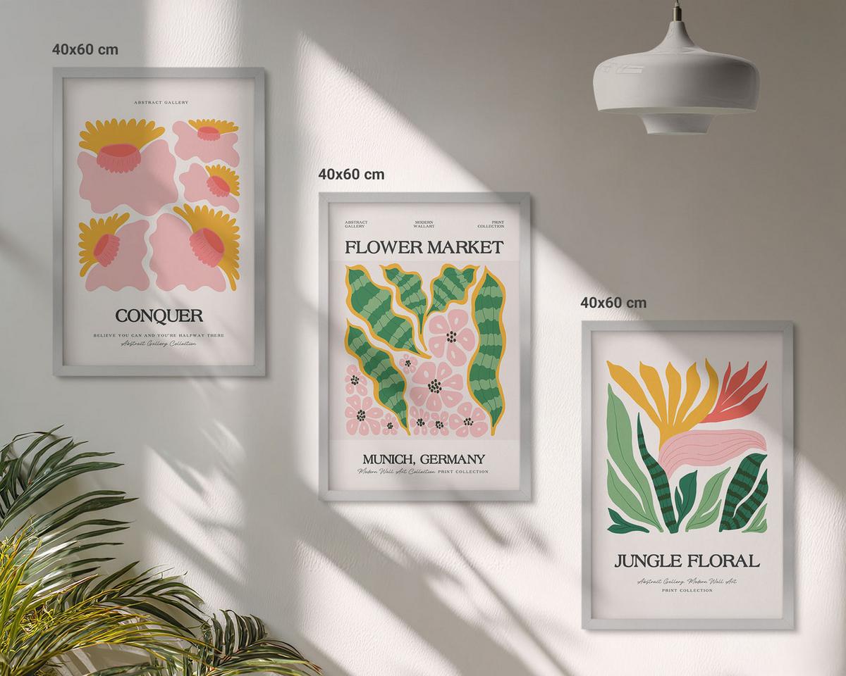 BILDER SET 3er Set - 40x60 cm Silberner Rahmen - Blumen und Blätter – moderne Poster - Silberfarben, Kunststoff (40/60cm) - TULUP