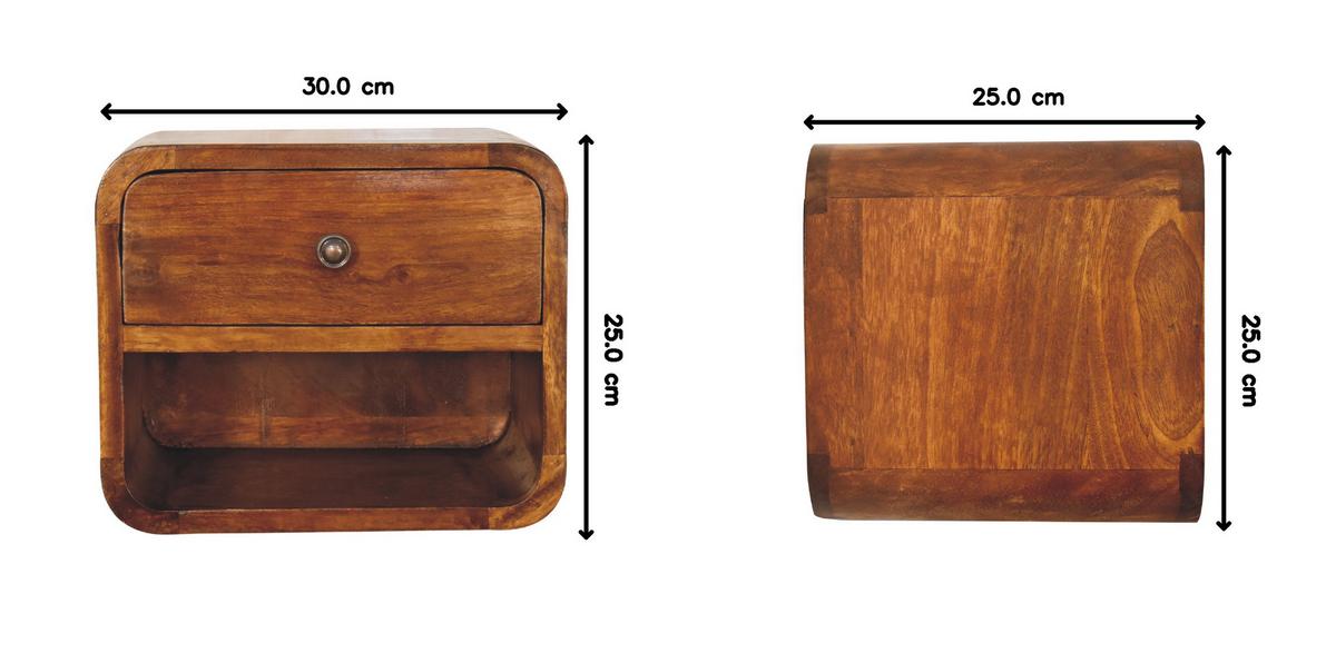 NACHTTISCH mit einer Schublade, Wandmontiert, 1 Schublade, 1 offenes Fach, braun - Kastanienfarben/Messingfarben, Holz/Metall (30/25/25cm) - Artisan Furniture