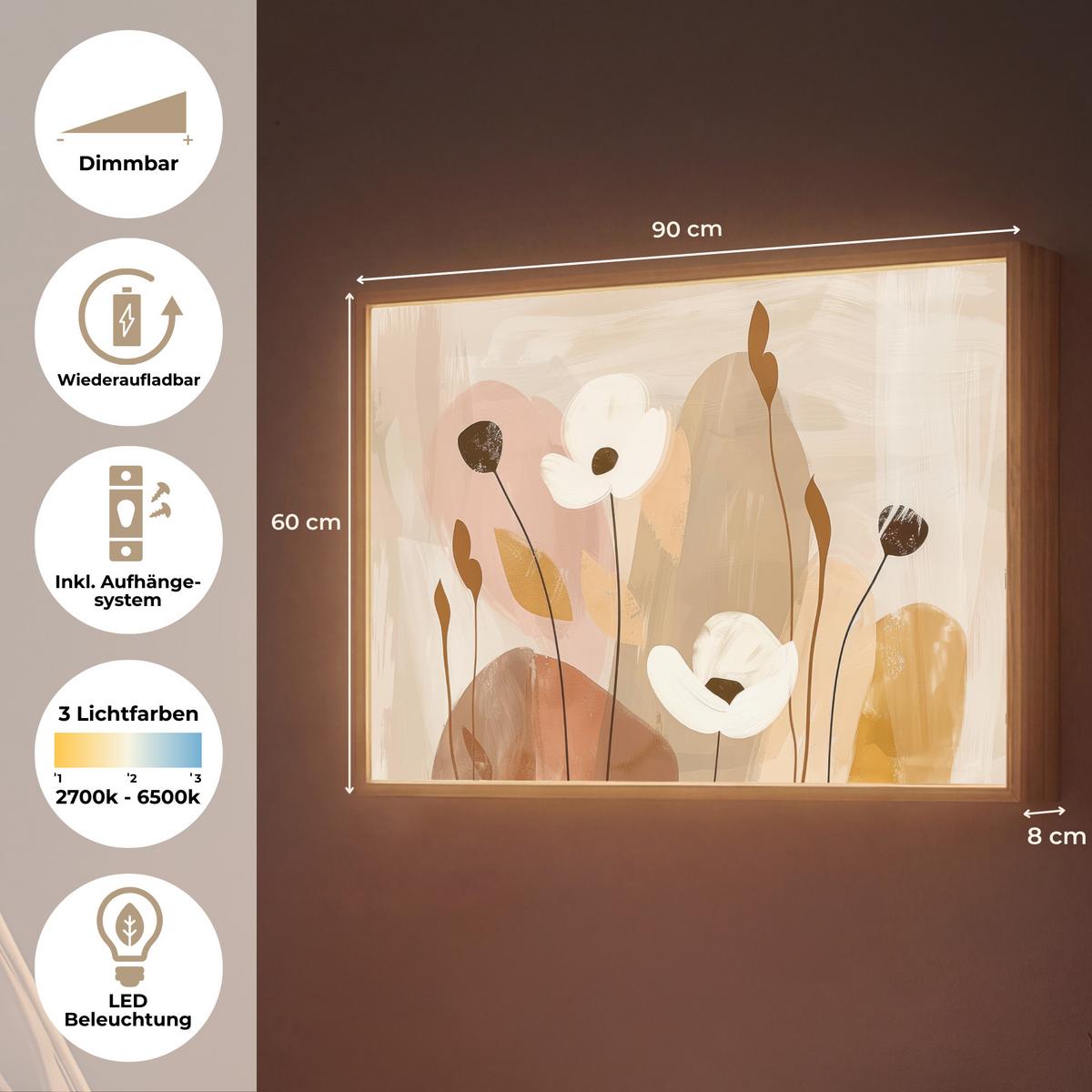 WANDLEUCHTE MIT AKKU Blumen - Abstrakt - Beige - Strichzeichnung 90x60 cm - Sandfarben, Holzwerkstoff (90/60/8cm) - OnlyWow