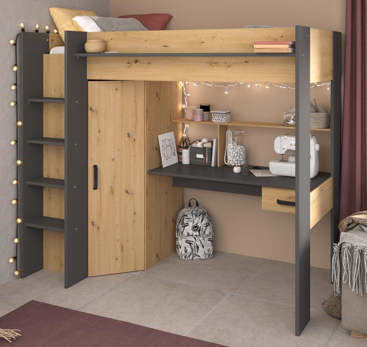 HOCHBETT mit Schreibtisch und Kleiderschrank Bett 90 x 200 cm - Eichefarben/Dunkelgrau, Holzwerkstoff/Kunststoff (90/200cm) - Parisot Meuble