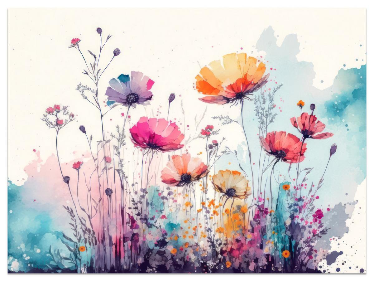 FOTOTAPETE für Schlafzimmer Abstrakte Bunte Wiesenblumen Aquarell 350x256 - Türkis/Rot, Papier (350/256cm) - Muralo