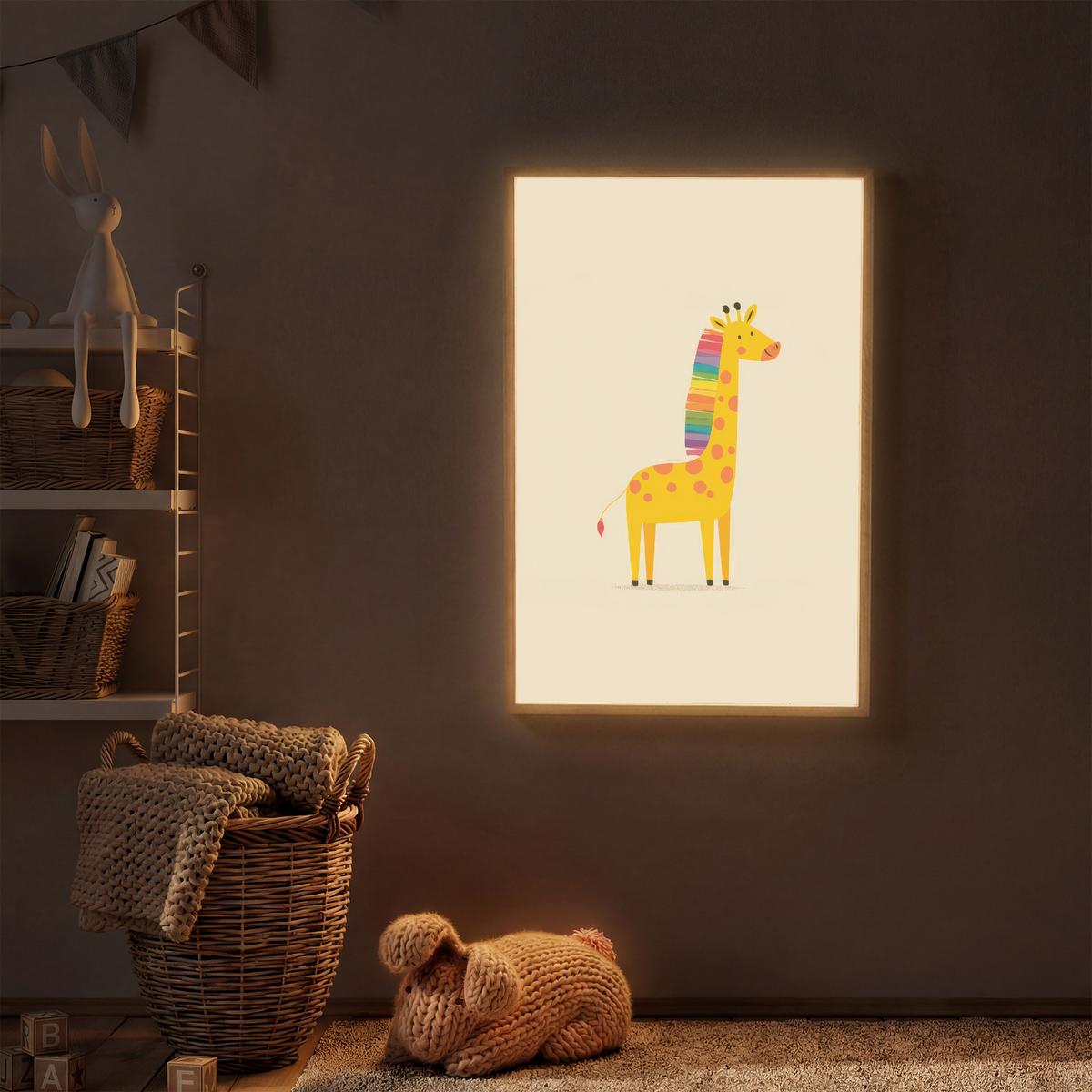 WANDLEUCHTE MIT AKKU Giraffe - Regenbogenmähne - Beige 60x90 cm - Beige, Holzwerkstoff (60/90/8cm) - OnlyWow