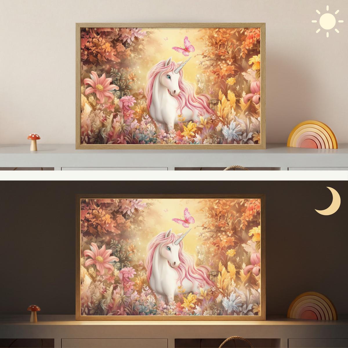 WANDLEUCHTE MIT AKKU Einhorn - Blumen - Schmetterling - Rosa 60x40 cm - Beige, Holzwerkstoff (60/40/8cm) - OnlyWow