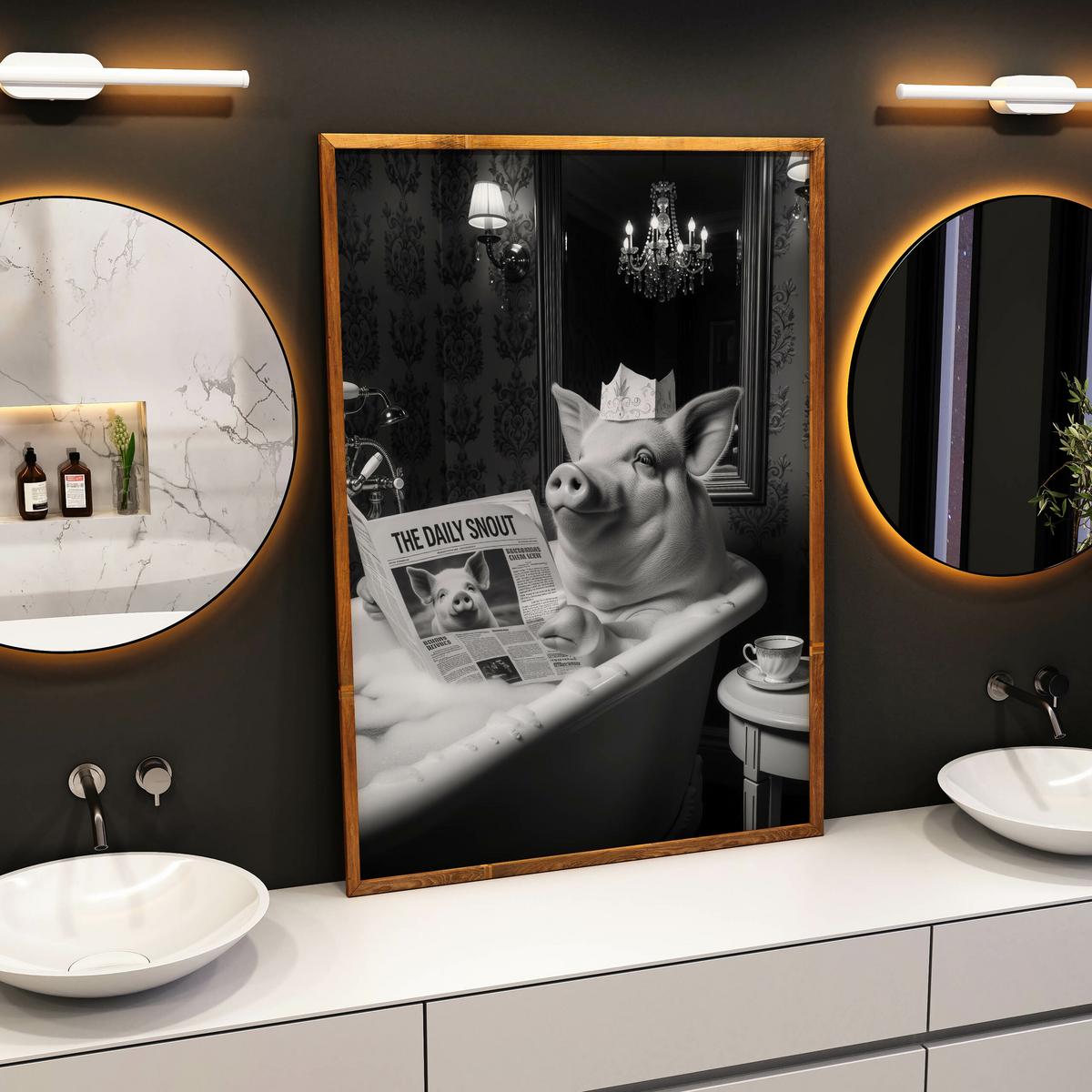 POSTER für Badezimmer WC SCHWEIN in Badewanne Zeitung Abstraktion 50x70cm - Schwarz/Weiß, Papier (50/70/1cm) - Muralo