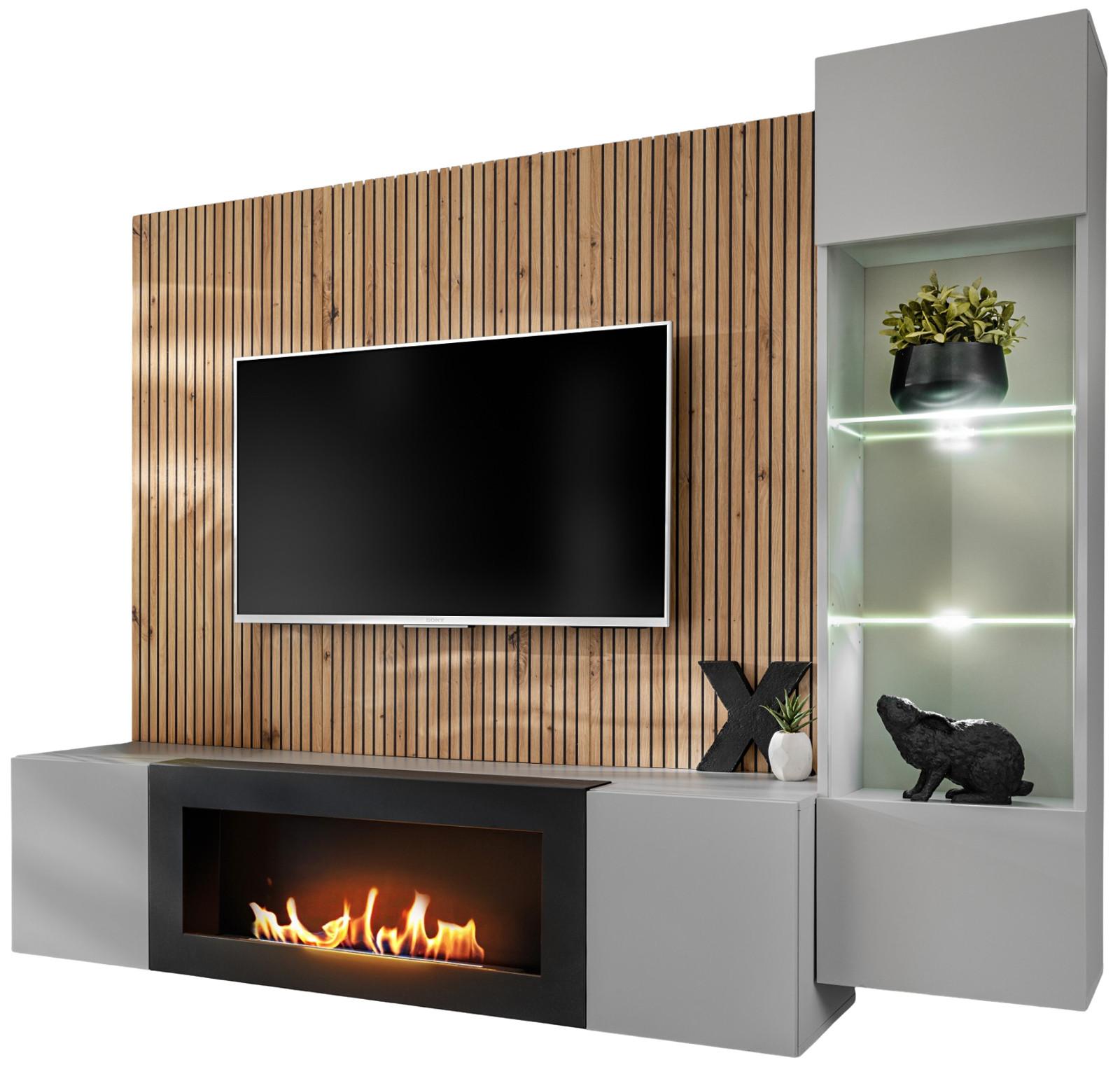 WOHNWAND hellgrau, schwarz, Eiche Artisan 200 cm, Schrankwand inklusive Ethanol Kamin und Beleuchtung - Hellgrau/Schwarz, Glas/Holzwerkstoff (200/148/35cm) - Inn.Furn