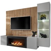 WOHNWAND hellgrau, schwarz, Eiche Artisan 200 cm, Schrankwand inklusive Ethanol Kamin und Beleuchtung - Hellgrau/Schwarz, Glas/Holzwerkstoff (200/148/35cm) - Inn.Furn