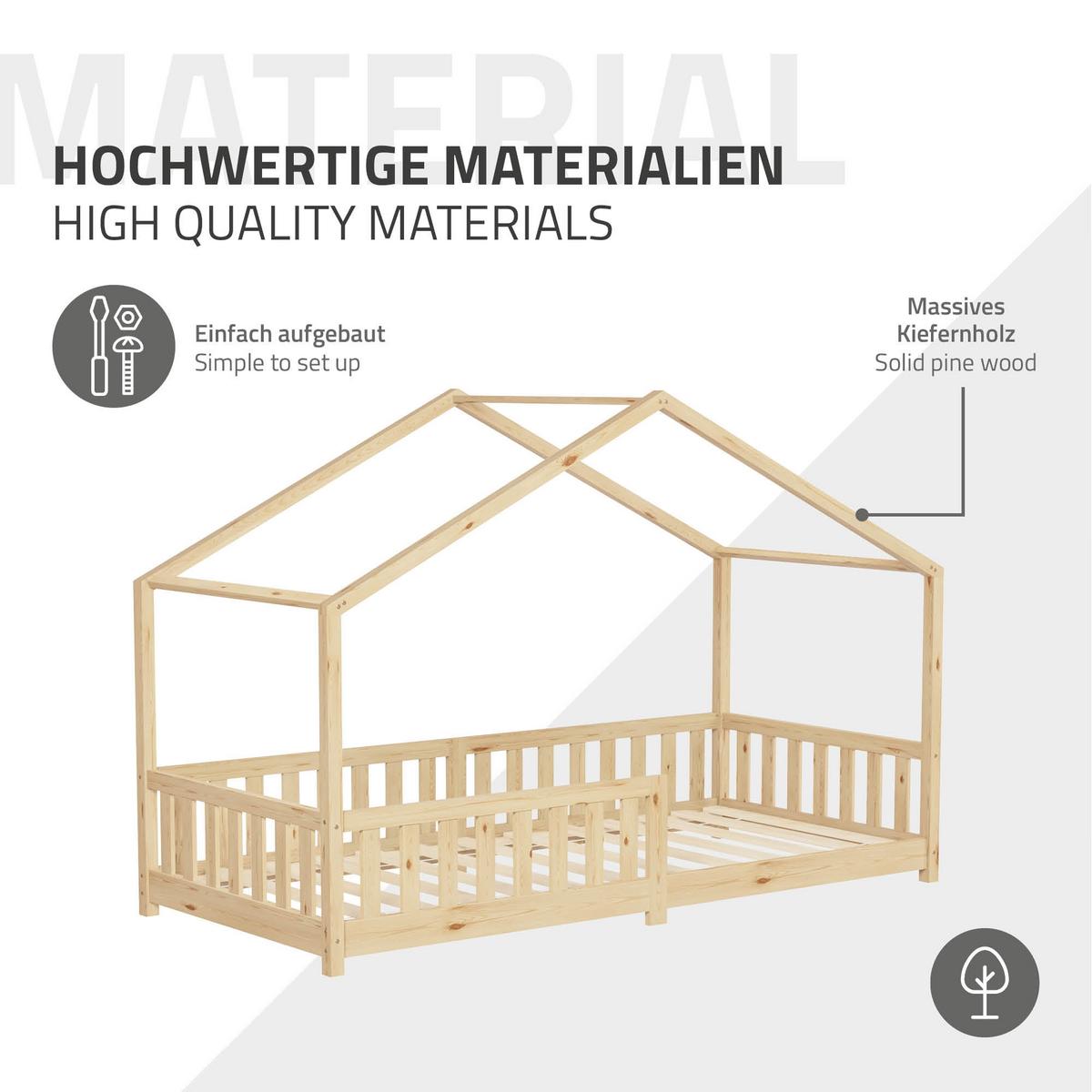 HAUSBETT 90x200 cm Natur aus Kiefernholz mit Rausfallschutz - Beige, Holz (90/200cm) - ML-DESIGN