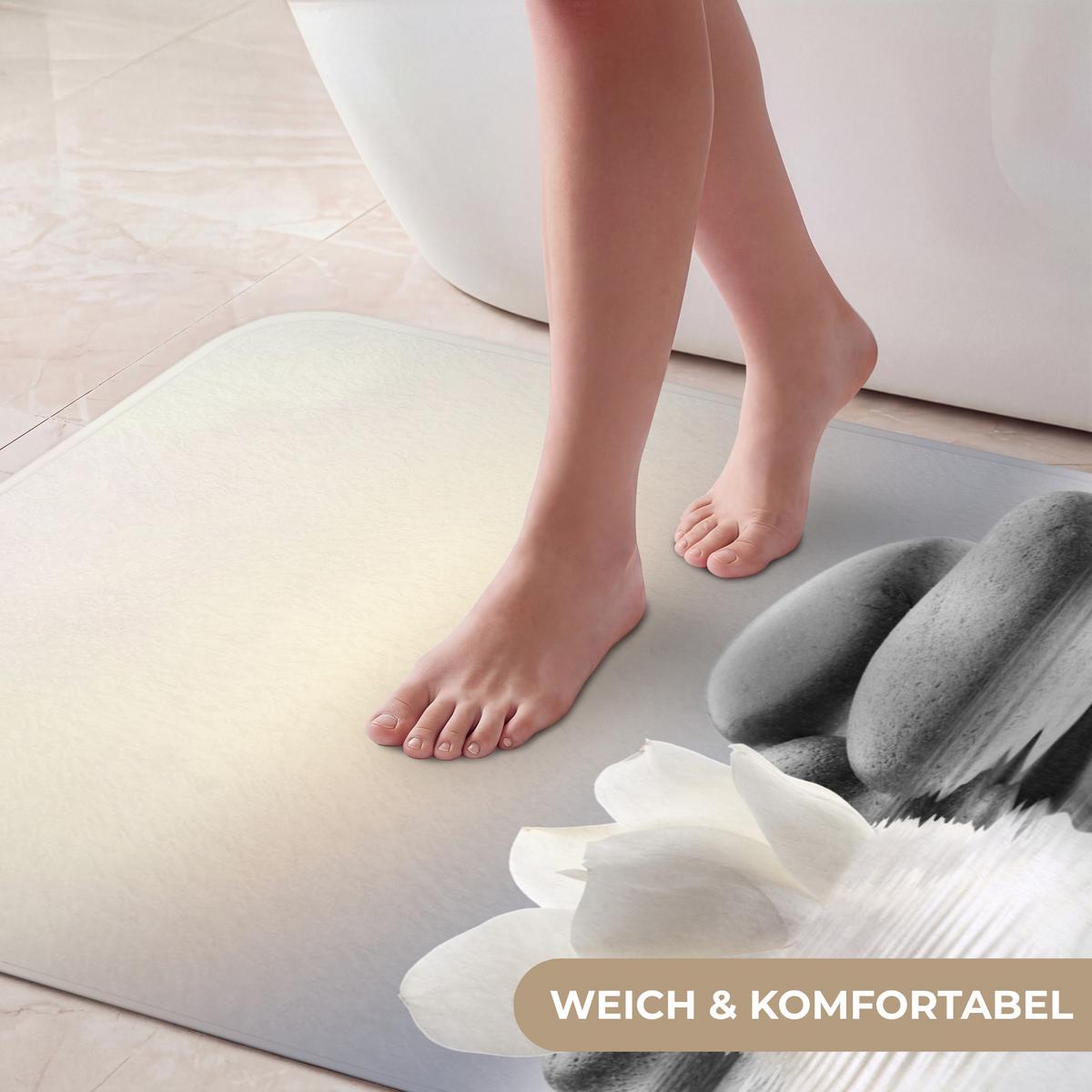 BADEMATTE Steine - Lotus - Weiß - Wasser - Zen 60x90 cm - Weiß, Textil (60/90cm) - OnlyWow