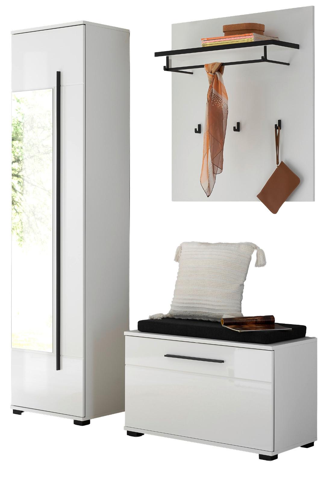 GARDEROBEN-SET weiß Hochglanz 4-teilig 140 cm, Flurgarderobe mit Spiegel - Dunkelgrau/Weiß Hochglanz, Glas/Holzwerkstoff (140/200/40cm) - Furn.Design