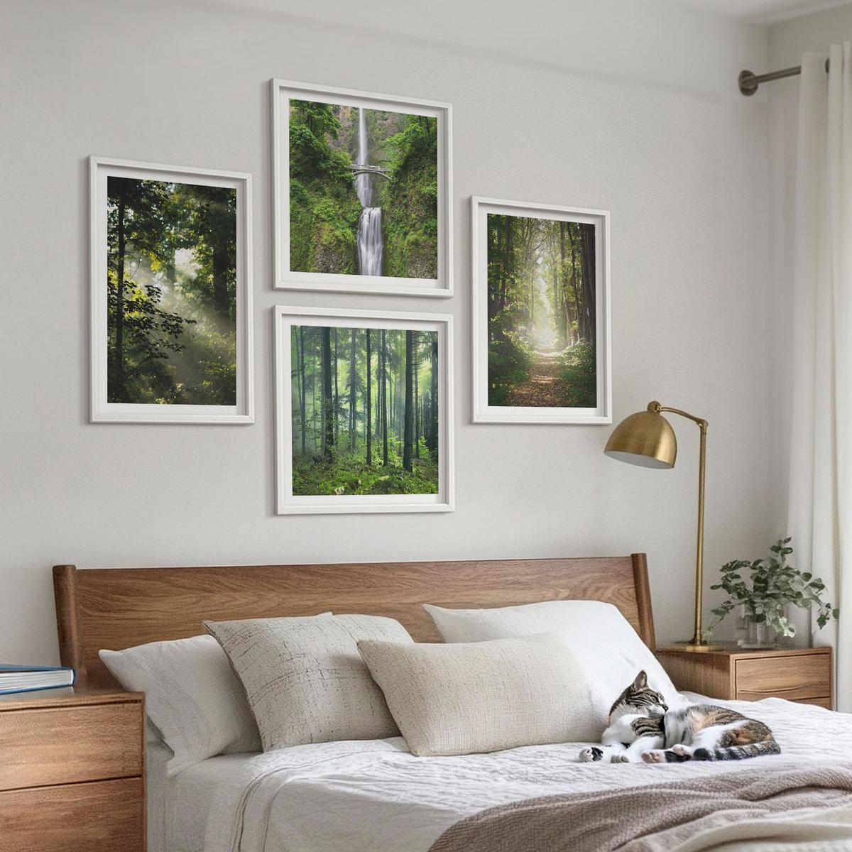 BILDER SET 4er Set - 50x50 cm & 40x60 cm Weißer Rahmen - Grüne Wälder, Lichtstrahlen - Weiß, Kunststoff (50/50cm) - TULUP