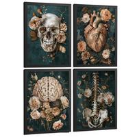POSTER Set aus 4 Anatomie Drucke und mit Schädel Herz Gehirn Wirbelsäule Skelett Becken Klassisches Florales Design Größe Schwarzer Rahmen A4 - Schwarz, Papier (21/29.7/3cm) - Nacnic