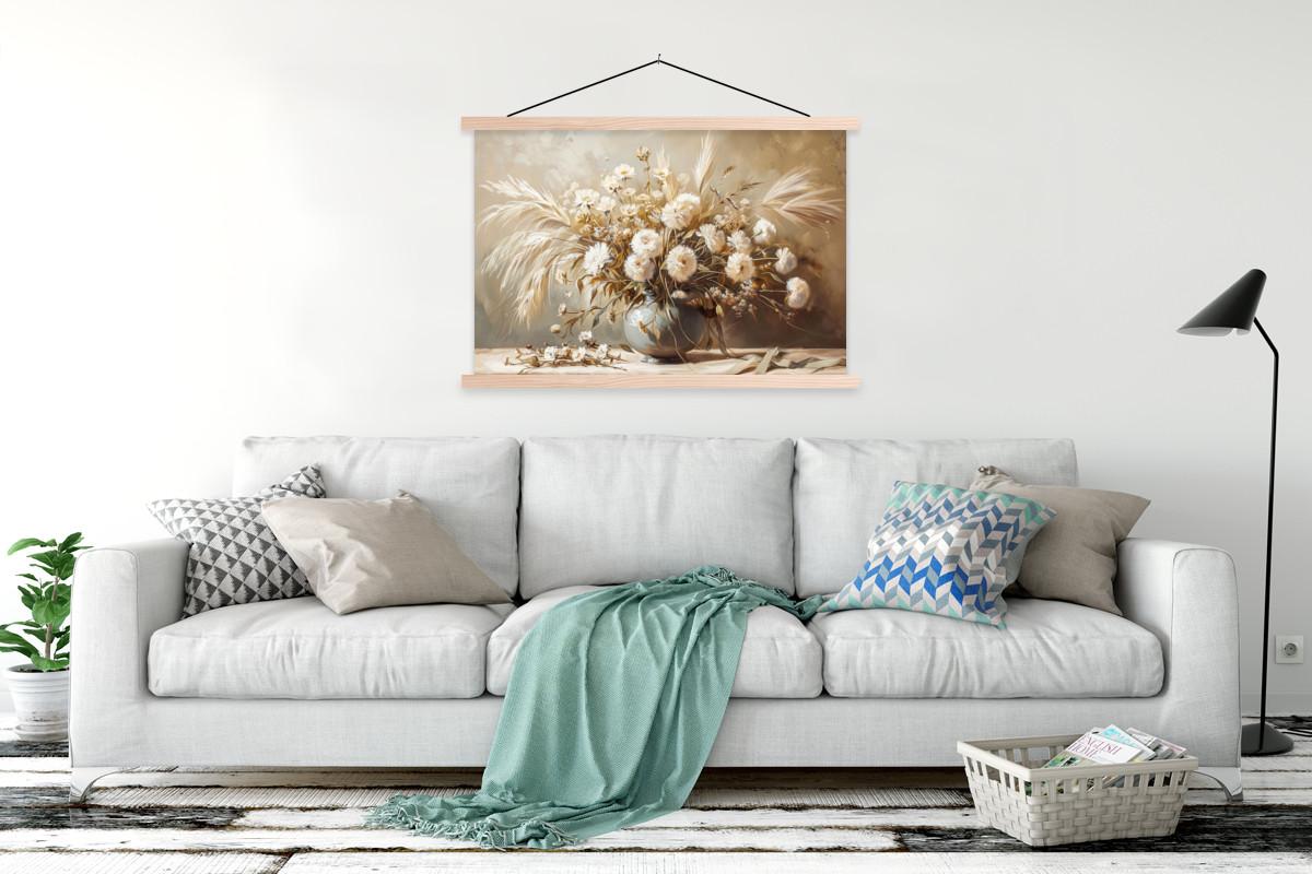 POSTER MIT MAGNETLEISTEN Blumen - Vase - Stilleben - Beige Magnetleiste 120x80 cm - Creme, Textil (120/80/0.15cm) - MuchoWow
