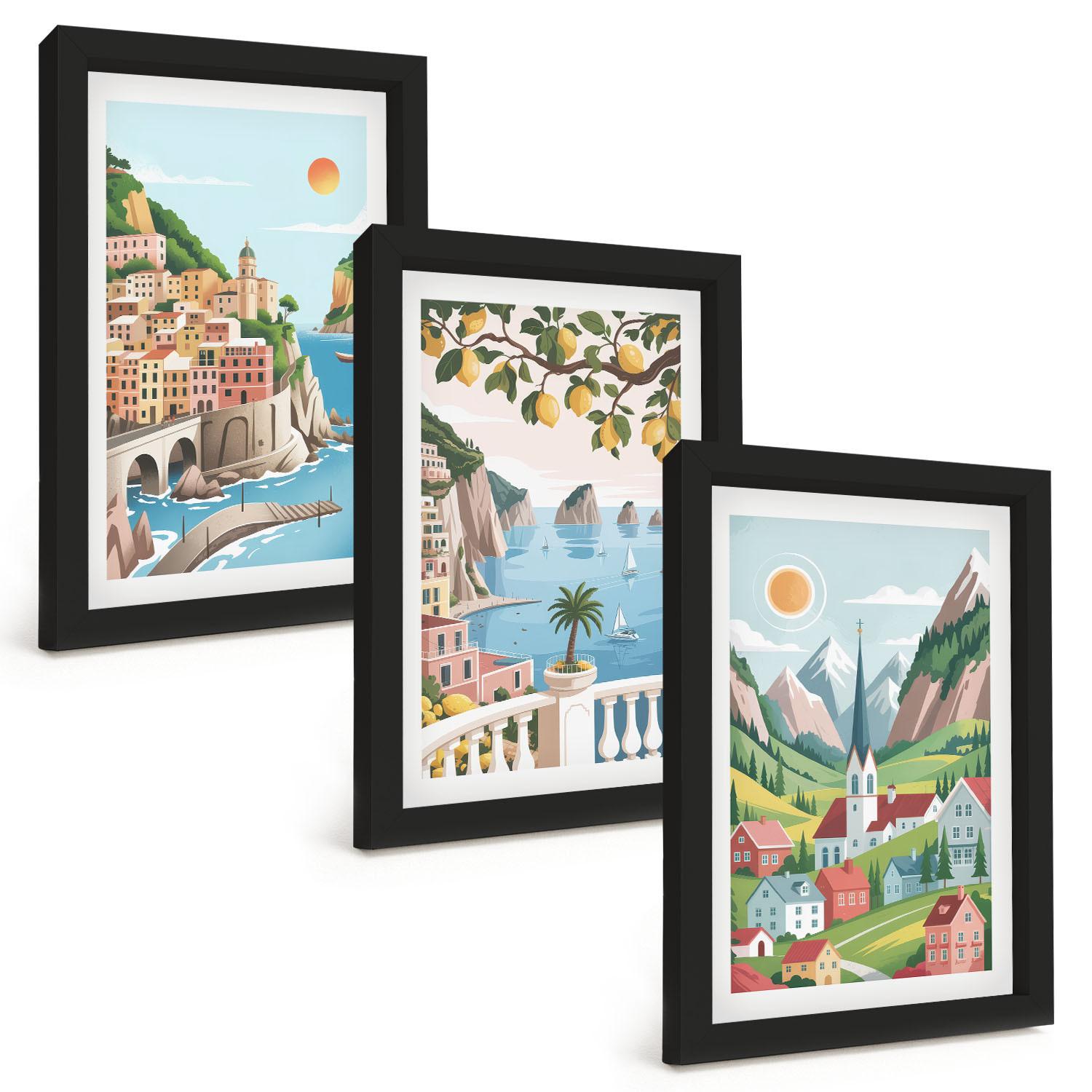 BILDER SET 3er Set - 20x30 cm Schwarzer Rahmen - Landschaften, Meer, Zitrusfrüchte - Schwarz, Kunststoff (20/30cm) - TULUP