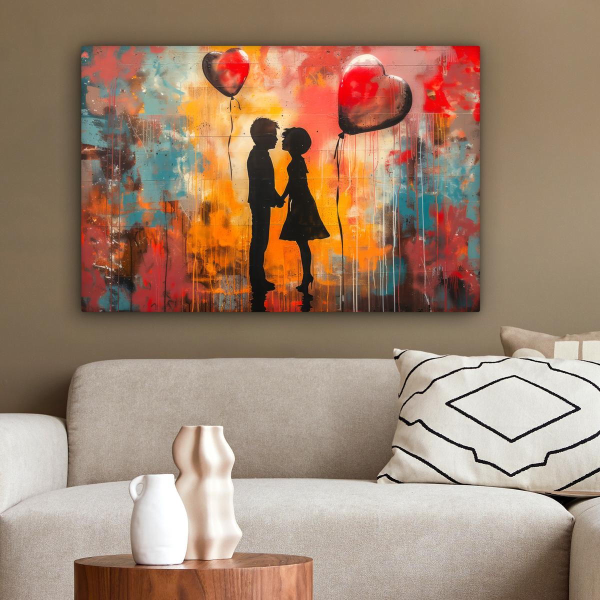 LEINWANDBILD Straßenkunst - Liebe - Graffiti - Kunst - Banksy XXL 150x100 cm - Orange, Textil (150/100cm) - MuchoWow