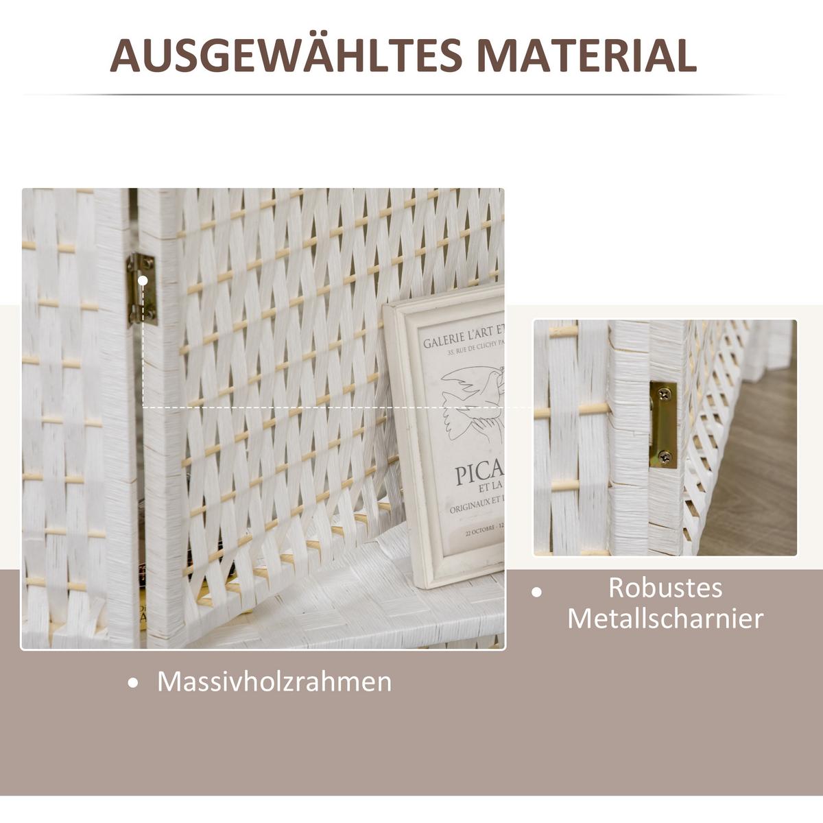 PARAVENT 4-teilig aus Papierfaser Weiß - Weiß, Holz (1.6/180cm) - HOMCOM