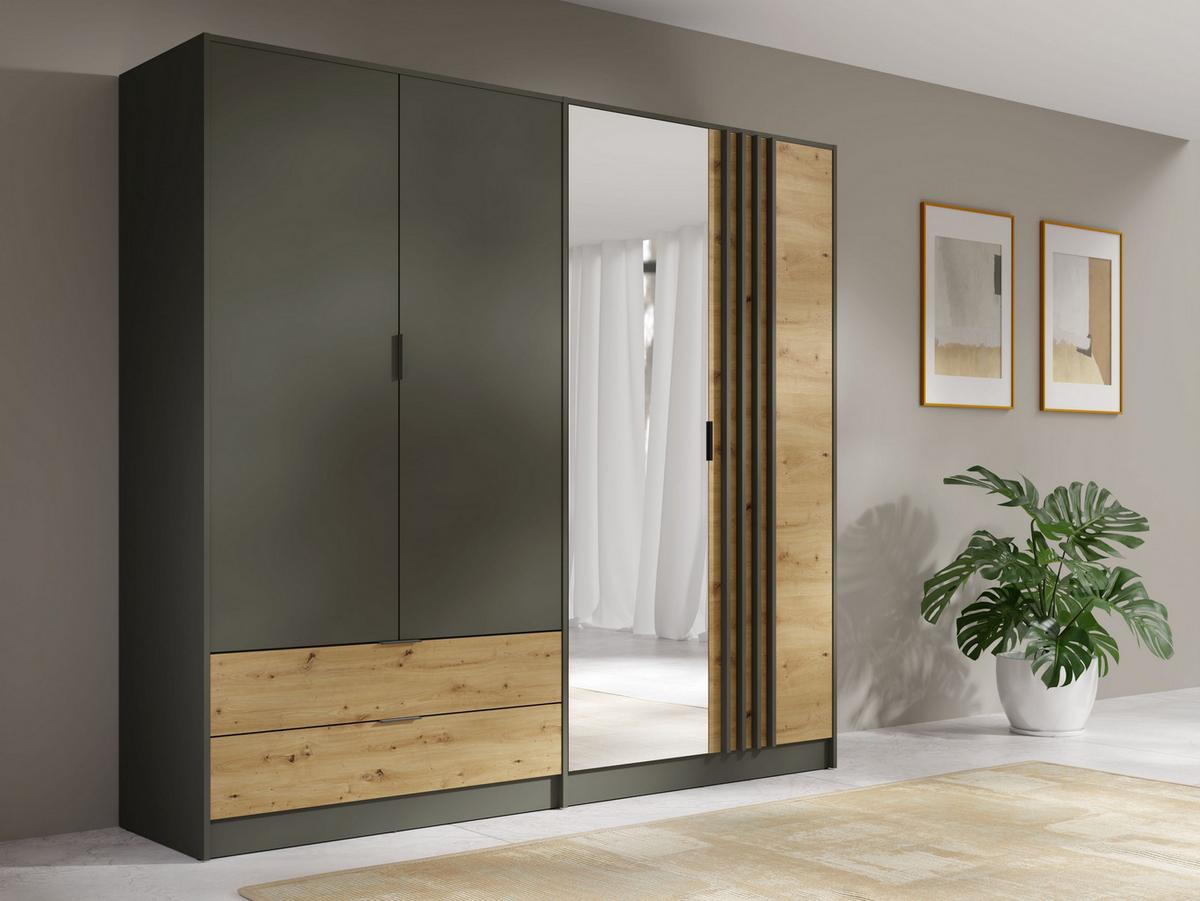 DREHTÜRENSCHRANK MERIDIAN 220,2/202,5/55,2cm 4-türig mit Spiegel Grau - Eichefarben/Grau, Holzwerkstoff (220.2/202.5/55.2cm) - MASSENO