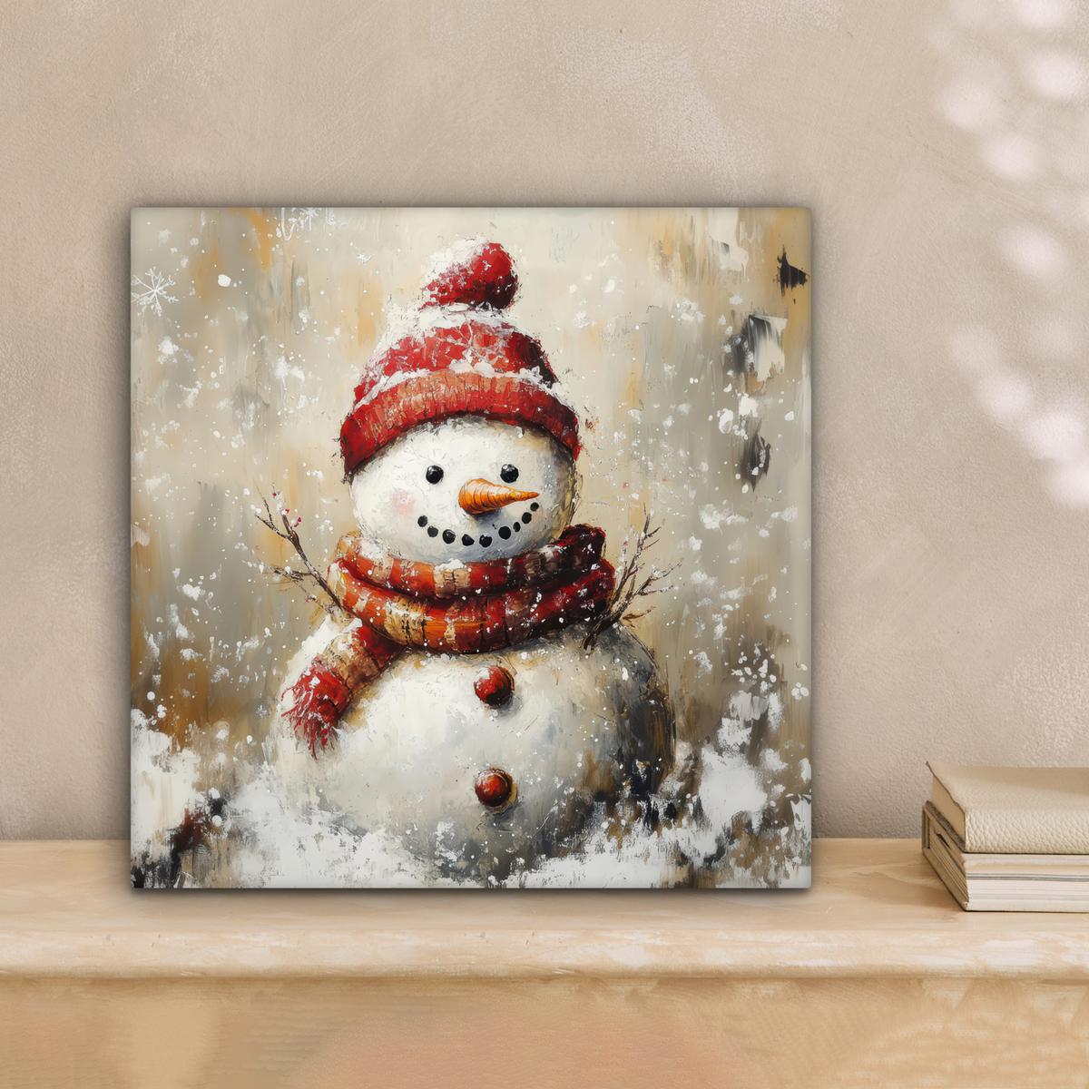 LEINWANDBILD Schneemann - Winter - Schnee - Beige Deko Wohnzimmer 20x20 cm - Weiß, Textil (20/20cm) - MuchoWow