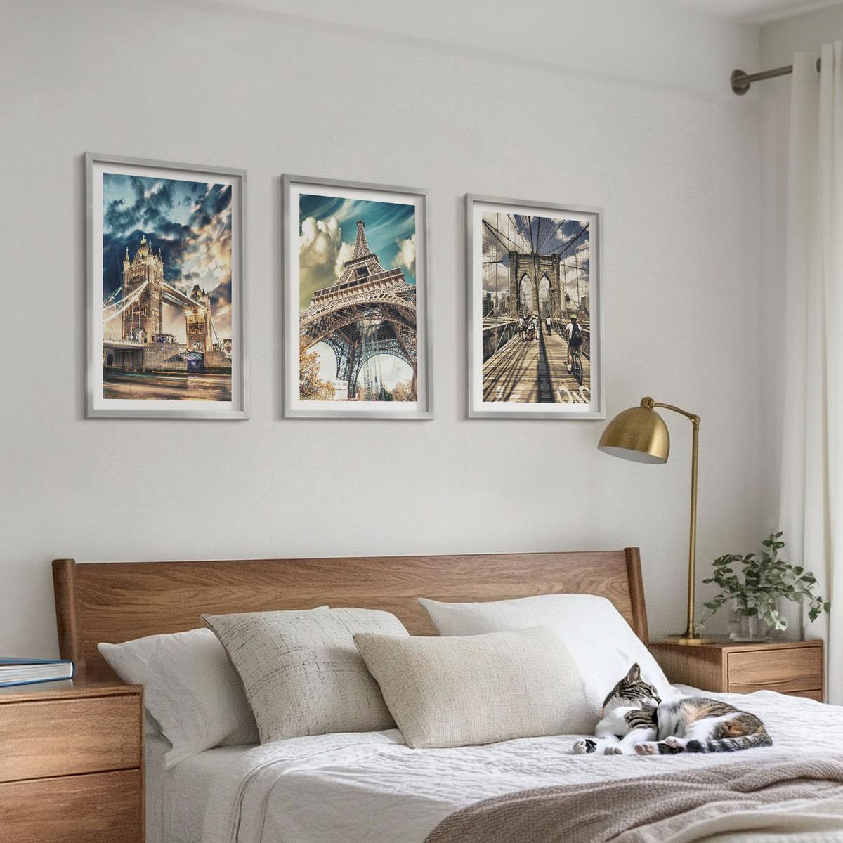 BILDER SET 3er Set - 40x60 cm Silberner Rahmen - Brücken, Türme, europäische Städte - Silberfarben, Kunststoff (40/60cm) - TULUP