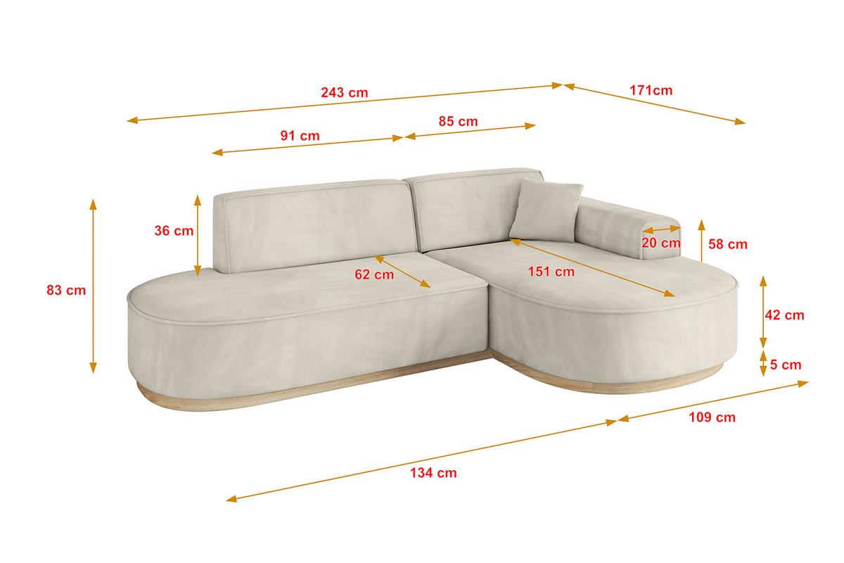 ECKSOFA Ottomane Rechts MARI-L1-v1 - 243x171x83 cm Ecru Velours - Ecru, Holzwerkstoff/Textil (171/243cm) - ALTDECOR