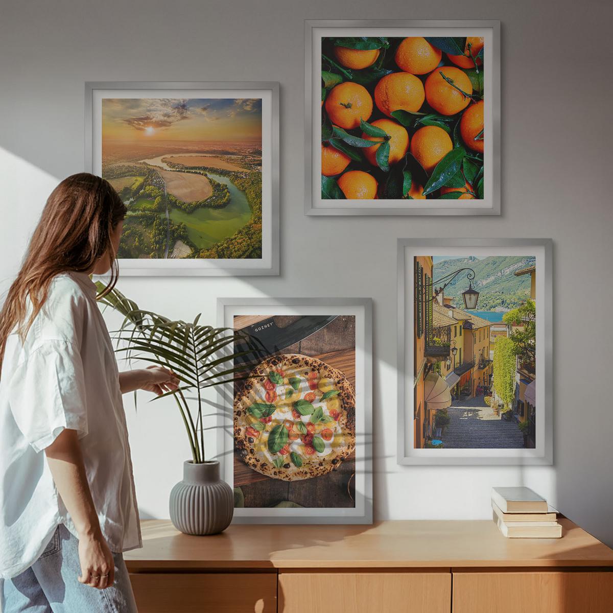 BILDER SET 4er Set - 50x50 cm & 40x60 cm Silberner Rahmen - Italienische Flüsse, Hügel, Straße - Silberfarben, Kunststoff (50/50cm) - TULUP