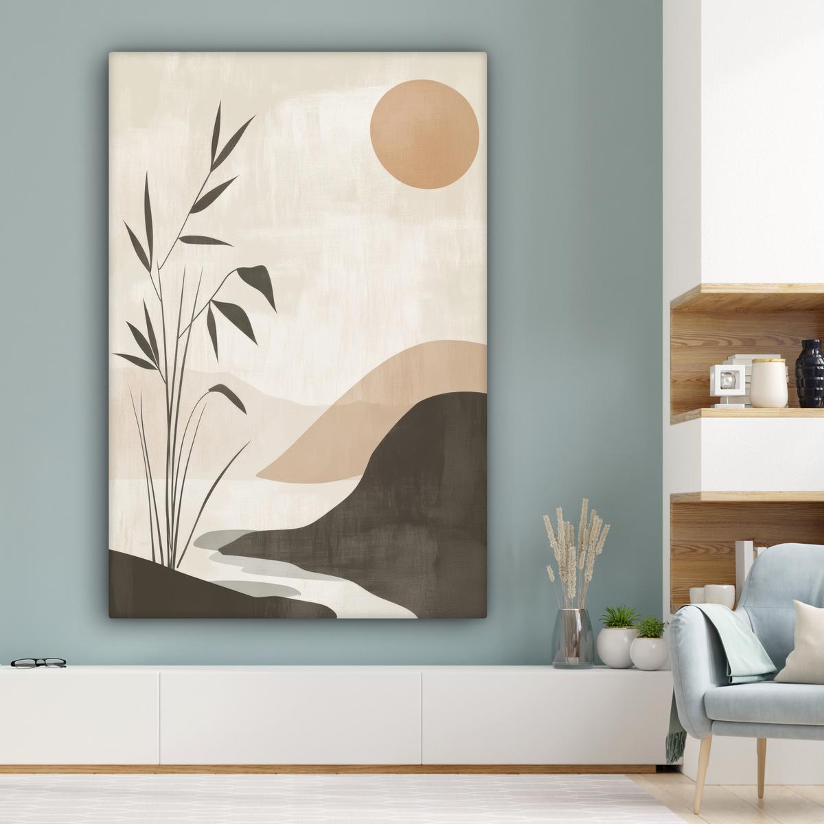 LEINWANDBILD Japandi - Landschaft - Beige Deko Groß 90x140 cm - Cognac, Textil (90/140cm) - MuchoWow