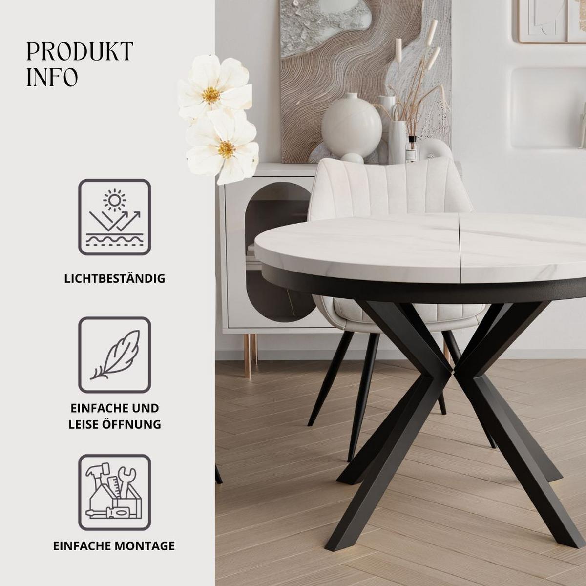 AUSZIEHTISCH MILTON 90-166/76 cm mit Metallgestell und Zarge, Schwarz / Bianco Marmor - Perlmutt/Schwarz, Holzwerkstoff/Metall (90/90/76cm) - Idohome