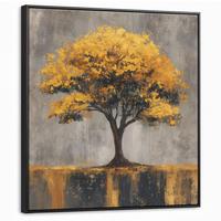 LEINWAND Bilder mit Rahmen - Baum - Blätter - Gold - Abstrakt - 90x90 - Grau, Textil (90/90cm) - MuchoWow