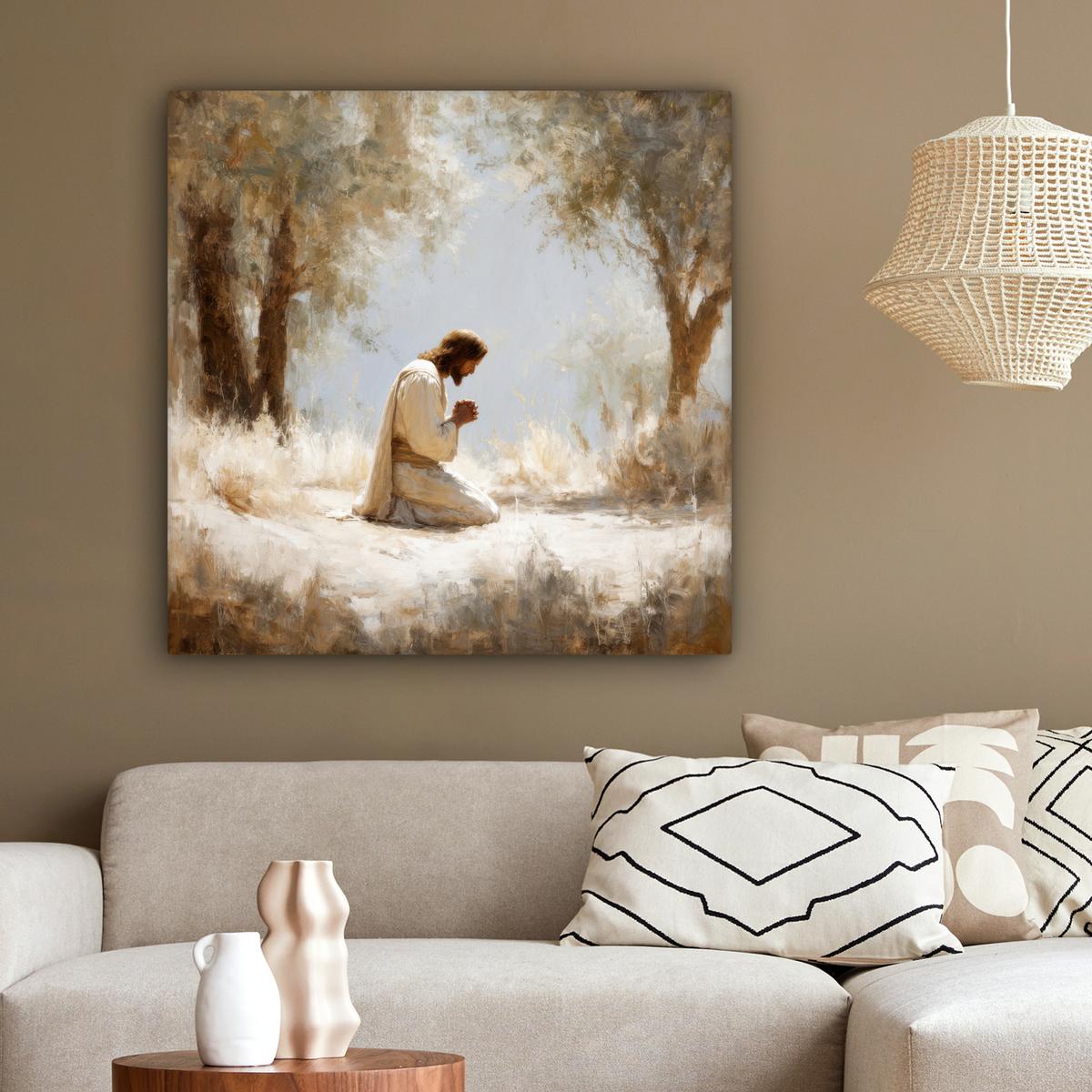 LEINWANDBILD Jesus - Kniend - Waldlandschaft - Betend Deko Groß 90x90 cm - Beige/Hellblau, Textil (90/90cm) - MuchoWow