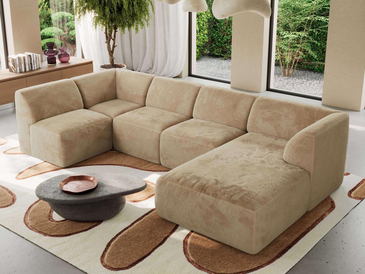 WOHNLANDSCHAFT MODARO U 6M - Beige Plüsch - Rechts - Beige/Schwarz, Textil (345/78/180cm) - MKS